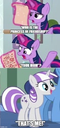 Size: 500x1062 | Tagged: safe, edit, edited screencap, imported from derpibooru, screencap, night light, twilight sparkle, twilight velvet, alicorn, pony, unicorn, marks for effort, the cutie mark chronicles, caption, female, meme, mother, text, twilight sparkle (alicorn), your mom