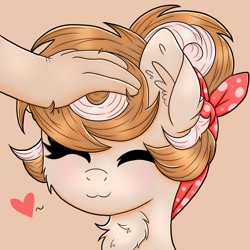 Size: 1000x1000 | Tagged: safe, artist:splashofsweet, imported from derpibooru, oc, oc only, oc:cinnamon spangled, earth pony, human, pony, :3, chest fluff, eyes closed, hand, happy, heart, offscreen character, petting, smiling