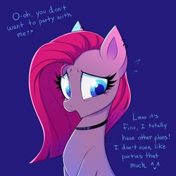 Size: 2000x2000 | Tagged: safe, artist:confetticakez, imported from derpibooru, pinkie pie, earth pony, pony, blatant lies, choker, dialogue, ear piercing, earring, jewelry, piercing, pinkamena diane pie, sad, smiling, solo