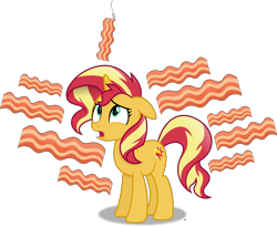 Size: 6660x5465 | Tagged: safe, artist:anime-equestria, imported from derpibooru, sunset shimmer, pony, unicorn, adorable distress, bacon, bacon hair, confused, cute, female, food, hook, looking up, mare, meat, simple background, solo, transparent background, vector
