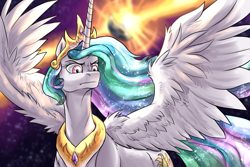 Size: 1500x1000 | Tagged: safe, artist:not-ordinary-pony, derpibooru exclusive, imported from derpibooru, princess celestia, alicorn, pony, angry, female, mare, solo, spread wings, wings