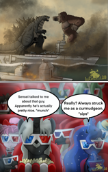 Size: 2489x3928 | Tagged: safe, artist:lordshrekzilla20, imported from derpibooru, princess luna, rainbow dash, kaiju, kaiju pony, pony, 3d glasses, anguirus, cinema, dialogue, drink, fight, food, godzilla, godzilla (series), godzilla vs kong, jets, kaiju changeling, kaiju griffon, king kong, megalon, mothra lea, ponified, popcorn, rodan, ship, smoke