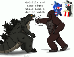 Size: 3300x2550 | Tagged: safe, artist:lordshrekzilla20, imported from derpibooru, princess luna, ape, kaiju, kaiju pony, pony, 3d glasses, drink, fight, food, godzilla, godzilla (series), godzilla junior, godzilla vs kong, king kong, ponified, popcorn