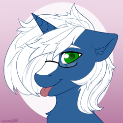 Size: 700x700 | Tagged: safe, artist:xommasun, imported from derpibooru, oc, oc only, oc:passi deeper, pony, unicorn, abstract background, bust, colored pupils, cute, femboy, floppy ears, glasses, gradient background, green eyes, horn, looking at you, male, ocbetes, portrait, smiling, solo, stallion, tongue out, unicorn oc