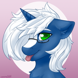 Size: 700x700 | Tagged: safe, artist:xommasun, imported from derpibooru, oc, oc only, oc:passi deeper, pony, unicorn, abstract background, bust, colored pupils, femboy, floppy ears, glasses, gradient background, green eyes, horn, looking at you, male, portrait, smiling, solo, stallion, tongue out, unicorn oc
