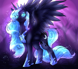 Size: 1132x1000 | Tagged: safe, artist:not-ordinary-pony, derpibooru exclusive, imported from derpibooru, nightmare moon, princess luna, alicorn, pony, ethereal mane, female, glowing eyes, glowing mane, mare, night, nightmare luna, smiling, smirk, solo, spread wings, starry mane, wings