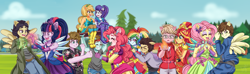 Size: 4700x1400 | Tagged: safe, artist:lucy-tan, imported from derpibooru, applejack, fluttershy, pinkie pie, rainbow dash, rarity, sci-twi, sunset shimmer, twilight sparkle, equestria girls, legend of everfree, boots, brand, camp, chunk, clothes, commission, cowboy boots, crossover, crystal guardian, crystal wings, data, equestria girls-ified, high heel boots, humane five, humane seven, humane six, mikey, mouth, ponied up, shoes, stef, super ponied up, the goonies, wings