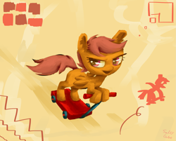 Size: 1899x1527 | Tagged: safe, artist:saltycube, derpibooru exclusive, imported from derpibooru, scootaloo, pegasus, pony, abstract background, female, filly, scooter, skateboard, solo