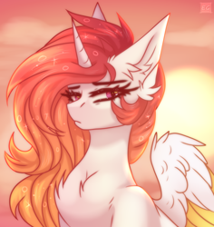 Size: 2036x2160 | Tagged: safe, artist:elektra-gertly, imported from derpibooru, princess celestia, alicorn, earth pony, pony, chest fluff, ear fluff, female, looking at you, mare, solo, sun, sunset, wing fluff