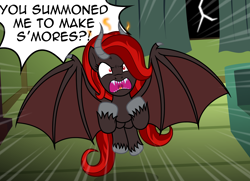 Size: 3120x2264 | Tagged: safe, artist:badumsquish, derpibooru exclusive, imported from derpibooru, part of a set, oc, oc only, oc:kim stone, demon, demon pony, monster pony, original species, pony, action lines, angry, bat wings, couch, curtains, darkness, demon wings, dialogue, dutch angle, female, fire, forked tongue, glare, horns, lightning, looking at you, ponytail, red eyes, screaming, sharp teeth, solo, storm, sweeping, talking to viewer, tantrum, teeth, unshorn fetlocks, window, wings, yelling