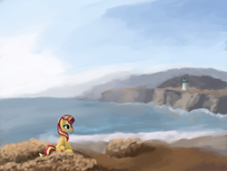 Size: 4000x3000 | Tagged: safe, artist:flusanix, imported from derpibooru, sunset shimmer, pony, unicorn, beach, female, lighthouse, mare, ocean, scenery, shore, solo