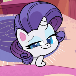Size: 940x940 | Tagged: safe, imported from derpibooru, screencap, rarity, pony, unicorn, my little pony: pony life, princess probz, spoiler:pony life s01e01, cropped, cute, female, g4.5, looking at you, mare, pony life, raribetes, smiling, solo