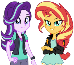 Size: 5200x4600 | Tagged: safe, alternate version, artist:emeraldblast63, imported from derpibooru, starlight glimmer, sunset shimmer, equestria girls, accurate, alternate hairstyle, clothes, duo, duo female, female, looking at you, redesign, simple background, smiling, transparent background