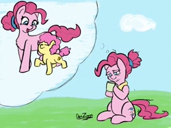 Size: 2732x2048 | Tagged: safe, artist:datzigga, imported from derpibooru, li'l cheese, pinkie pie, earth pony, pony, the last problem, colt, cup, elderly, female, male, mare, mother and child, mother and son, older, older pinkie pie, smiling, thought bubble