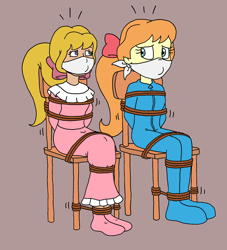 Size: 1470x1619 | Tagged: safe, artist:bugssonicx, imported from derpibooru, megan williams, human, equestria girls, arm behind back, bondage, bound and gagged, cloth gag, clothes, duality, duo, duo female, female, footed sleeper, footie pajamas, g1, gag, generational ponidox, help us, kidnapped, long dress, long skirt, nightgown, onesie, otn gag, over the nose gag, pajamas, skirt, socks, stocking feet, tied to chair, tied up