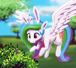 Size: 1999x1772 | Tagged: safe, artist:dummyhorse, artist:phutashi, imported from derpibooru, princess celestia, alicorn, pony, bunny ears, bush, cute, cutelestia, easter, easter bunny, easter egg, easter egg hunt, egg, female, flying, holiday, looking at something, looking down, mare, midair, outdoors, smiling, solo, spread wings, three quarter view, tree, wings