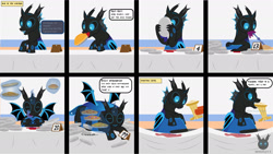 Size: 2633x1488 | Tagged: safe, artist:wheatley r.h., derpibooru exclusive, imported from derpibooru, oc, oc only, oc:w. rhinestone eyes, changeling, bat wings, belly, big belly, blue changeling, changeling oc, changeling overfeeding, comic, contest, food, honeypot changeling, looking down, magic, male, pie, sharp teeth, sitting, smiling, spread wings, stallion, teeth, telekinesis, tongue out, trophy, vector, watermark, wings