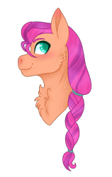 Size: 948x1500 | Tagged: safe, artist:wispyaxolotl, imported from derpibooru, sunny starscout, earth pony, pony, blushing, braid, bust, cheek fluff, chest fluff, female, g5, mare, portrait, simple background, smiling, solo, transparent background