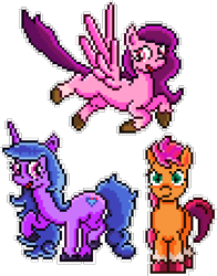 Size: 455x580 | Tagged: safe, artist:8-bitbrony, imported from derpibooru, izzy moonbow, pipp petals, sunny starscout, earth pony, pegasus, pony, unicorn, female, g5, mare, pipp, pixel art, raised hoof, simple background, spread wings, transparent background, trio, unshorn fetlocks, wings