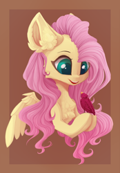 Size: 1280x1835 | Tagged: safe, artist:justeuge, imported from derpibooru, fluttershy, bird, pegasus, pony, bust, cheek fluff, chest fluff, cute, ear fluff, female, hoof hold, looking at each other, looking at someone, looking down, mare, open mouth, portrait, shyabetes, smiling, solo, spread wings, three quarter view, wings