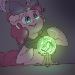 Size: 2000x2000 | Tagged: safe, artist:fluffyxai, imported from derpibooru, pinkie pie, earth pony, pony, accessories, accessory, crystal ball, fortune teller, glow, glowing, gypsy pie, high res, madame pinkie, outfit, smiling, solo, underhoof