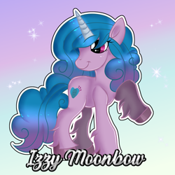 Size: 3000x3000 | Tagged: safe, artist:doraeartdreams-aspy, imported from derpibooru, izzy moonbow, pony, unicorn, female, g5, gradient background, high res, looking back, mare, raised hoof, signature, smiling, solo, sparkles, text, unshorn fetlocks