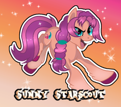 Size: 982x870 | Tagged: safe, artist:doraeartdreams-aspy, imported from derpibooru, sunny starscout, earth pony, pony, braid, female, g5, gradient background, looking at you, mare, open mouth, solo, sparkles, teeth, text, unshorn fetlocks
