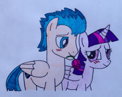 Size: 1280x1018 | Tagged: safe, artist:dragonpriness, imported from derpibooru, flash sentry, twilight sparkle, alicorn, pony, blushing, female, flashlight, flower, flower in mouth, male, rose, rose in mouth, shipping, straight, traditional art, twilight sparkle (alicorn)