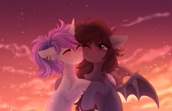 Size: 2048x1320 | Tagged: safe, artist:whiteliar, imported from derpibooru, imported from ponybooru, oc, oc only, oc:purpleflare, oc:sweetnight, bat pony, pony, unicorn, auburn mane, bat wings, blushing, chest fluff, cute, duo, ear fluff, ear piercing, earring, ears, eyes closed, fangs, female, femboy, gray coat, green eyes, horn, hug, jewelry, male, nuzzling, oc x oc, one eye closed, piercing, shipping, sky, slit eyes, slit pupils, sparkles, spread wings, stars, straight, sunset, two toned mane, unshorn fetlocks, white coat, wings