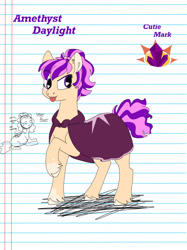 Size: 1280x1707 | Tagged: safe, artist:doodletheexpoodle, imported from derpibooru, oc, oc only, oc:amethyst daylight, alicorn, pony, cape, clothes, female, lined paper, mare, offspring, parent:sunburst, parent:twilight sparkle, parents:twiburst, solo, tongue out