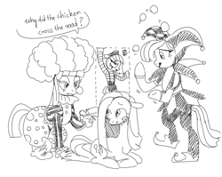 Size: 1000x796 | Tagged: artist needed, safe, anonymous artist, imported from derpibooru, limestone pie, marble pie, maud pie, pinkie pie, /mlp/, bipedal, black and white, cheering up, clown, clown makeup, drawthread, female, grayscale, jester, joke, juggling, mime, monochrome, pie sisters, pinkamena diane pie, requested art, sibling love, siblings, simple background, sisterly love, sisters, teary eyes, white background