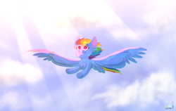 Size: 3000x1900 | Tagged: safe, artist:glitterstar2000, imported from derpibooru, rainbow dash, pegasus, pony, cloud, crepuscular rays, female, flying, large wings, mare, solo, spread wings, wings