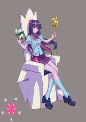 Size: 2480x3508 | Tagged: safe, artist:afu, imported from derpibooru, twilight sparkle, equestria girls, book, clothes, cutie mark, daring do and the sapphire statue, daring do book, daring do books, female, friendship throne, high res, looking at you, pixiv, scepter, shoes, sitting, socks, solo, throne, twilight scepter