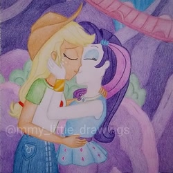 Size: 1015x1015 | Tagged: safe, artist:mmy_little_drawings, imported from derpibooru, applejack, rarity, equestria girls, clothes, eyelashes, eyes closed, female, freckles, hat, hug, kissing, lesbian, outdoors, rarijack, shipping, skirt, traditional art, watermark