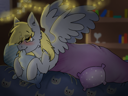 Size: 1024x768 | Tagged: safe, artist:valkiria, imported from derpibooru, derpy hooves, cat, pegasus, pony, blanket, blushing, bookshelf, cute, derpabetes, eye clipping through hair, female, heart, heart eyes, mare, pillow, redraw, solo, spread wings, string lights, wingding eyes, wings