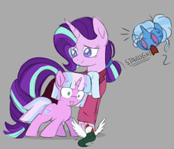 Size: 2719x2329 | Tagged: safe, artist:mainii-chan, imported from derpibooru, starlight glimmer, trixie, oc, oc:starstruck, cockatrice, pony, colored sketch, colt, headmare starlight, magical lesbian spawn, male, offspring, parent:starlight glimmer, parent:trixie, parents:startrix