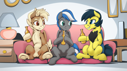 Size: 2560x1440 | Tagged: safe, artist:mysticalpha, derpibooru exclusive, imported from derpibooru, oc, oc only, oc:cloud zapper, oc:ruby rustfeather, oc:tinkerwing, pegasus, pony, chest fluff, commission, couch, drinking, female, husband and wife, indoors, male, sitting, trio