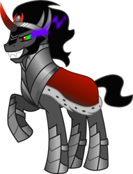 Size: 2142x2800 | Tagged: safe, artist:frownfactory, imported from derpibooru, king sombra, pony, unicorn, antagonist, armor, cape, clothes, crown, curved horn, dark magic, ethereal mane, ethereal tail, evil grin, fangs, grin, horn, jewelry, magic, male, raised hoof, regalia, simple background, smiling, solo, sombra eyes, stallion, transparent background, vector