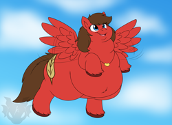 Size: 1801x1321 | Tagged: safe, artist:jouigidragon, imported from derpibooru, oc, oc only, oc:redbow rose, pegasus, pony, belly, fat, flying, jewelry, necklace, obese, pegasus oc, smiling, solo, spread wings, wings