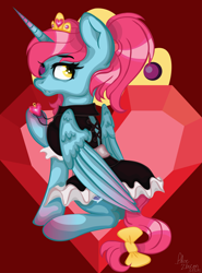 Size: 2108x2846 | Tagged: safe, artist:ziricorn, imported from derpibooru, oc, oc only, oc:empress lace, alicorn, pony, alicorn oc, bow, clothes, horn, jewelry, looking back, maid, pendant, ponytail, sitting, solo, wings