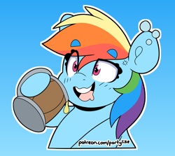 Size: 4000x3561 | Tagged: safe, artist:partylikeanartist, imported from derpibooru, rainbow dash, pegasus, pony, blushing, bubble, cider, cross-popping veins, drool, drunk, drunker dash, eye clipping through hair, eyebrows, eyebrows visible through hair, go home you're drunk, gradient background, mug, patreon, solo, stein, sticker, tipsy, white outline