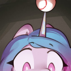 Size: 960x960 | Tagged: safe, artist:mirroredsea, imported from derpibooru, izzy moonbow, pony, unicorn, ball, baseball, bust, cute, female, g5, horn, horn guard, hornball, izzy impaling things, izzybetes, mare, portrait, solo, sports, webcam