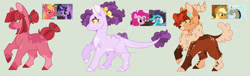 Size: 1920x585 | Tagged: safe, artist:kyper-space, imported from derpibooru, applejack, big macintosh, discord, pinkie pie, princess ember, twilight sparkle, oc, dracony, dragon, hybrid, pony, applecord, base used, deviantart green, emberpie, female, green background, interspecies offspring, lesbian, magical lesbian spawn, male, offspring, parent:applejack, parent:big macintosh, parent:discord, parent:pinkie pie, parent:princess ember, parent:twilight sparkle, parents:applecord, parents:emberpie, parents:twimac, screencap reference, shipping, simple background, straight, twimac