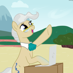 Size: 600x600 | Tagged: safe, artist:hudoyjnik, imported from derpibooru, mayor mare, earth pony, pony, computer, day, female, laptop computer, looking up, mare, solo, vector