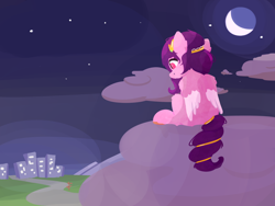 Size: 2000x1500 | Tagged: safe, artist:rhythmpixel, imported from derpibooru, pipp petals, pegasus, pony, city, cloud, crescent moon, female, g5, mare, moon, night, pipp, sitting, solo