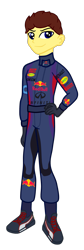 Size: 565x1679 | Tagged: safe, artist:gmaplay, imported from derpibooru, human, equestria girls, driver, energy drink, f1, formula 1, humanized, max verstappen, racing, racing suit, red bull, simple background, solo, transparent background