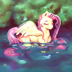 Size: 3000x3000 | Tagged: safe, artist:currentlytr_ash, imported from derpibooru, fluttershy, pegasus, pony, behaving like a bird, cute, daaaaaaaaaaaw, eyes closed, female, mare, shyabetes, smiling, solo, traditional art, water, watercolor painting, wet, wet mane