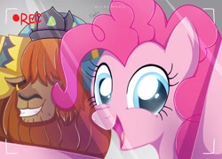 Size: 1024x737 | Tagged: safe, artist:nnaly, imported from derpibooru, pinkie pie, prince rutherford, earth pony, pony, yak, camera shot, duo, female, grin, male, mare, recording, selfie, smiling