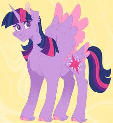 Size: 1280x1391 | Tagged: safe, artist:sodaaz, imported from derpibooru, twilight sparkle, alicorn, pony, cheek fluff, chest fluff, cloven hooves, female, mare, simple background, smiling, solo, twilight sparkle (alicorn), unshorn fetlocks, yellow background