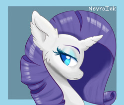 Size: 1280x1084 | Tagged: safe, artist:inkypuso, imported from derpibooru, part of a set, rarity, pony, unicorn, blue background, bust, cheek fluff, colored pupils, ear fluff, female, lidded eyes, mare, portrait, profile, signature, simple background, smiling, solo